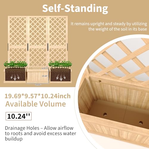 GarveeLife Cedar Privacy Screen with Planter Box - 3-Panel Freestanding Garden Fence, 62 in x10 in x65 in Tall Outdoor Divider with Drain Holes & Raised Bed for Patio, Deck & Backyard (Natural Wood) GarveeLife