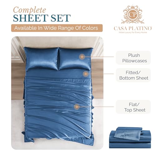 Casa Platino Satin Sheets Twin Size - Smooth Twin Sheets with 15 Inch Deep Pocket Fit, Makes for a Cool Nights Sleep, Great for Hot Sleepers, Helps with Hair Protection, Wrinkle-Resistant - Dark Blue Casa Platino