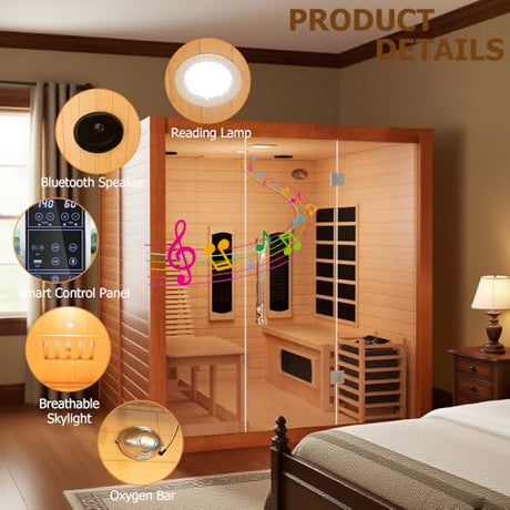 Wood Home Hybrid Sauna for 3 Person, Far Infrared & Steam Dual System Indoor Traditional Saunas, 3KW 9 Heating Elements and 6KW Heating Stove, Speaker, Oxygen Bar, Water Bucket, Rocks, Red Cedar Smartmak