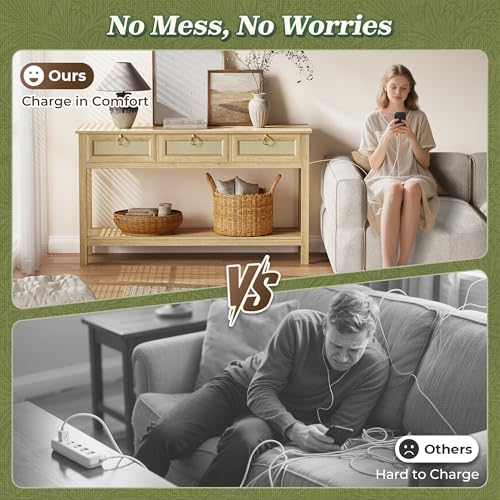 SUPERJARE Rattan Console Sofa Table with Outlets and USB-C Port, 3 Drawer Entryway Table with Synthetic Rattan Surface, Open Shelf, Behind Couch Entry Foyer Hallway Storage, Natural SUPERJARE