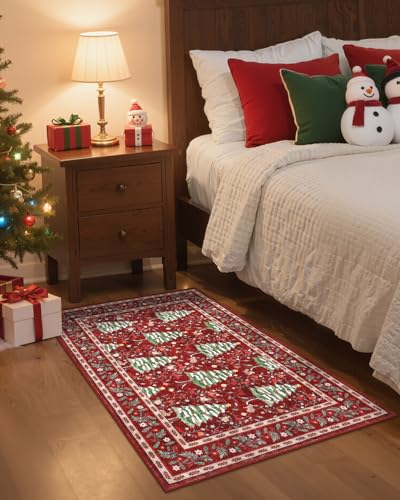 GarveeHome Red Christmas Doormat 2x3 Rug Non-Slip Washable for Entryway Indoor Small Kitchen Rugs Soft Bathroom Rugs Christmas Tree Animals Print Holiday Decor Low-Pile Door Mat GarveeHome