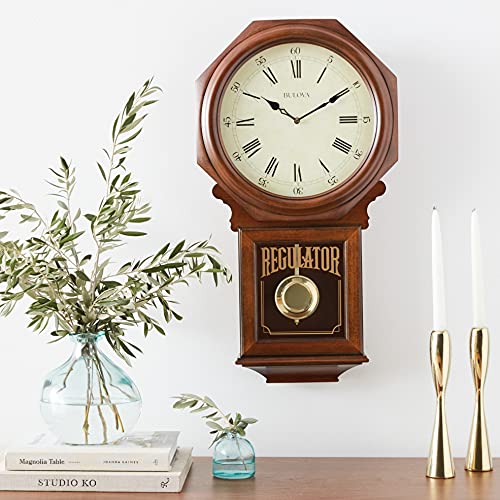 Bulova C3543 Ashford Wall Clock | 25" Schoolhouse Design | Walnut Finish | Harmonic Triple-Chime Movement | Engraving Plate Bulova