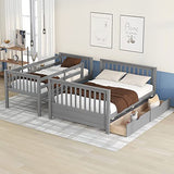 Merax Wood Bunk Bed with Drawers,Convertible Wood Bunk Bed with Ladders and Two Storage Drawers,Solid Wood Detachable Bed Frame with Ladders,Twin Over Full Size,Grey Merax