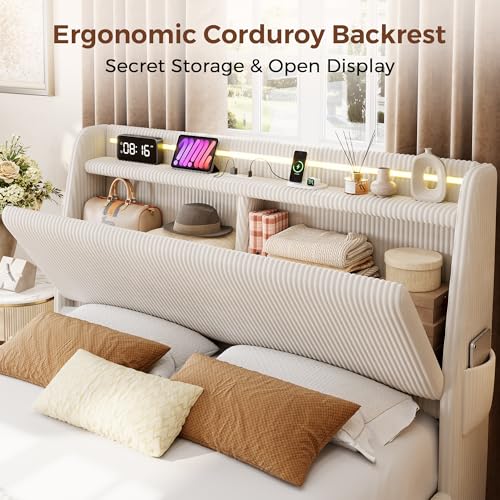 Jocoevol Upholstered Full LED Bed Frame with Hidden Storage Headboard and Charging Station, Corduroy Platform Bed with Wingback, Heavy Duty Wood Slats, No Box Spring Needed, Noise-Free, Beige Jocoevol