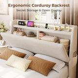 Jocoevol Upholstered Full LED Bed Frame with Hidden Storage Headboard and Charging Station, Corduroy Platform Bed with Wingback, Heavy Duty Wood Slats, No Box Spring Needed, Noise-Free, Beige Jocoevol