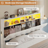 HAUOMS Full Size Bed Frame with Bookcase Headboard,LED Bed Frame with Charging Station, 4 Storage Drawer, Modern Velvet Upholstered Platform Bed with 5 Shelf, No Box Spring Needed, Creamy White HAUOMS