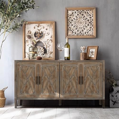 LUMISOL Sideboard Buffet Cabinet, Solid Wood Storage Sideboard with 4 Doors, Retro Style Kitchen Sideboard Buffet, Farmhouse Console Table for Living Room, Dining Room, Hallway, Entryway, Rustic Brown LUMISOL