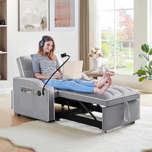 KINFFICT Sleeper Sofa Chair Bed, Convertible 3-in-1 Armchair, Adjustable Sleeper Chair with Pullout Bed, Single Lounger Futon with Side Pockets for Living Room (Grey) KINFFICT