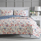 Martha Stewart King Size Quilt Bedding Set - 3 Piece, Soft Washed Microfiber, Printed Bedspread, Reversible, All Season, 1 Quilt, 2 King Pillow Shams, Blue, White & Red, Painted Floral Print Martha Stewart