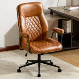 Furnistyle Leather Home Office Desk Chairs, Comfy Office Chair, Mid Century Modern Office Chair with Lumbar Support, Mid-Back Adjustable Swivel Computer Chair with Wheels and Arms, Brown Furnistyle