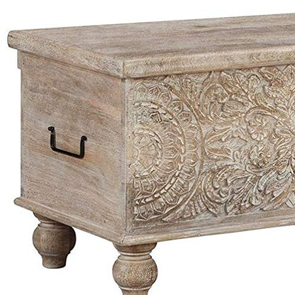 Signature Design by Ashley Fossile Ridge Boho Carved Wood Storage Bench with Hinge Top, Beige - WoodArtSupply