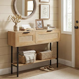Giantex Rattan Console Table with Storage, 40" Boho Entryway Table w/ 2 Flip Door Cabinets & Shelf, Metal Frame, 2 Anti-Tipping Kits, Narrow Long Behind Couch Sofa Table for Entrance Hallway, Natural Giantex
