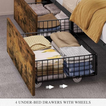 DWVO Farmhouse Queen Size Bed Frame with Storage Bookcase Headboard, Sliding Barn Door, 4 Storage Drawers, RGB LED Bed Frame with USB Charging Station, No Box Spring Needed, Rustic Brown - WoodArtSupply