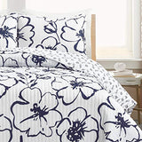 Lush Decor Scandinavian Floral Quilt Queen Size Reversible 3 Piece Set Full/Queen Navy & White - Floral Bedding Set Queen Quilt - White Bedding Lush Decor
