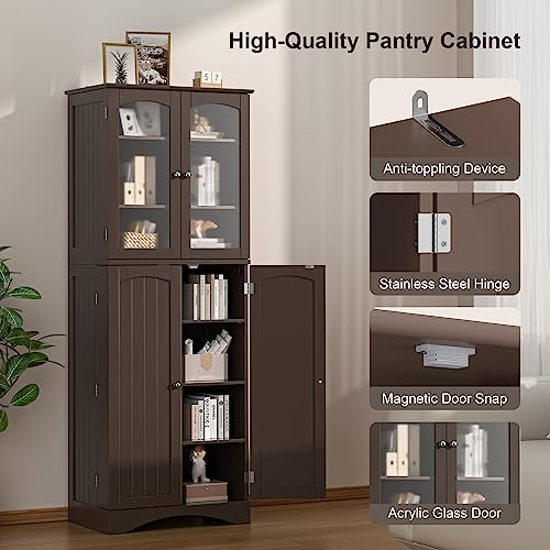 Gizoon 64" Kitchen Pantry Cabinet, Tall Storage Cabinet with Glass Doors and Adjustable Shelves, Freestanding Floor Cabinet Cupboard for Kitchen, Living Room, Dining Room (Dark Brown) Gizoon