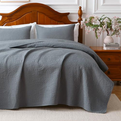 Aqzuxira Gray 100% Cotton Quilt Set Queen Size, 3 Piece Modern Textured Bedspread with Coin Pattern, Lightweight Crinkly Coverlet Sham Set, Soft Minimalist All Season Bedding, Garment-Washed