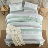 DJY Striped Quilt Set King Size, Sage Green Boho Bedspread Set 3 Pieces Patchwork Coverlet Bedding Set Lightweight Soft Microfiber for All Season (104"x90") DJY