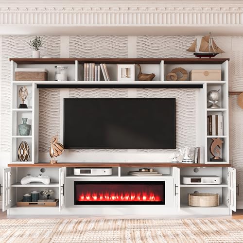 Hlcodca 95.5" W Wall Unit Entertainment Center with Bookshelves for TVs up to 80", Modern TV Stand Media Console with Electric Fireplace Cabinets, Adjustable Shelves for Living Room (White+Walnut/F) Hlcodca