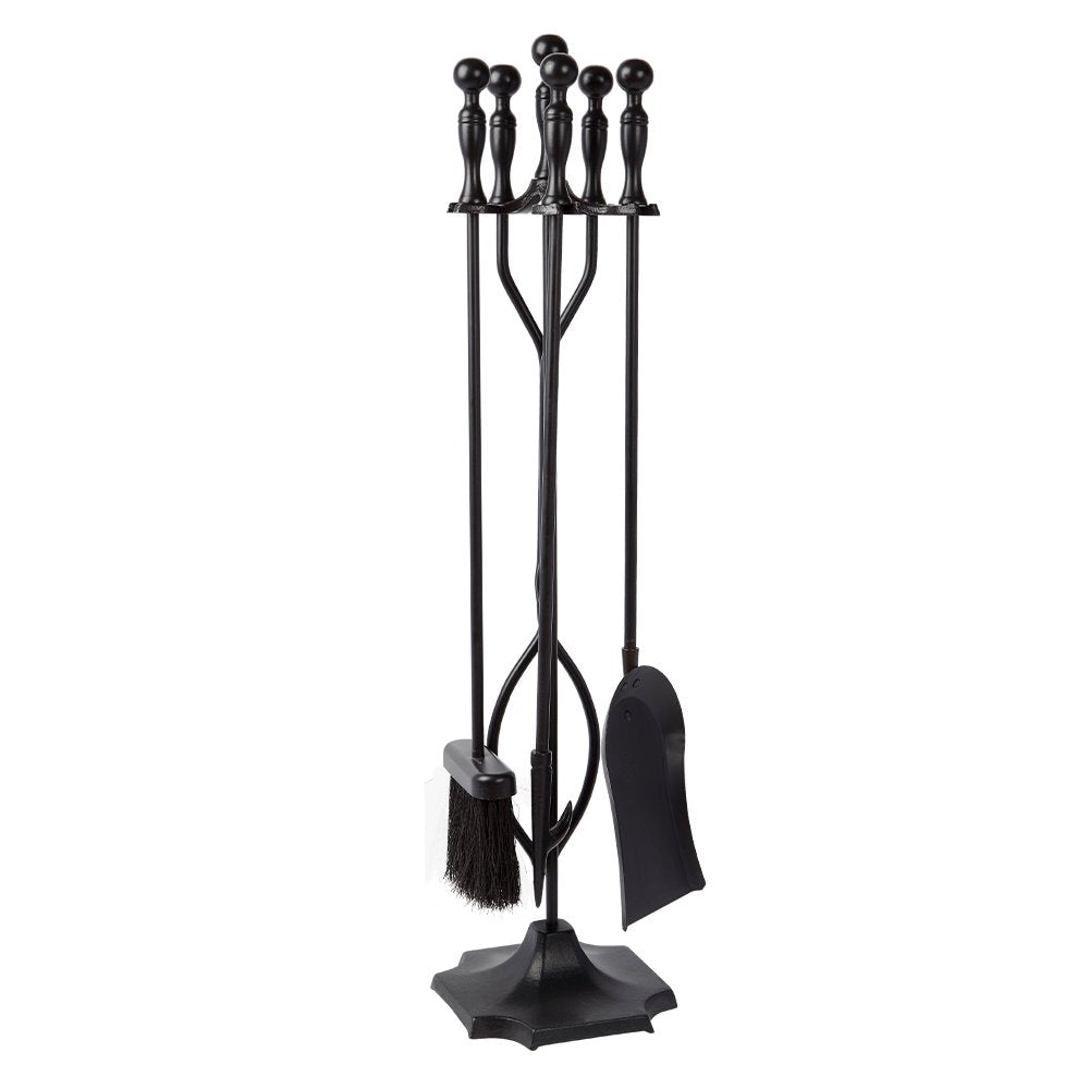 AMAGABELI GARDEN & HOME 5 Pcs Fireplace Tools Sets Black Handle Wrought Iron Large Fire Tool Set and Holder Outdoor Fireset Fire Pit Stand AMAGABELI GARDEN & HOME