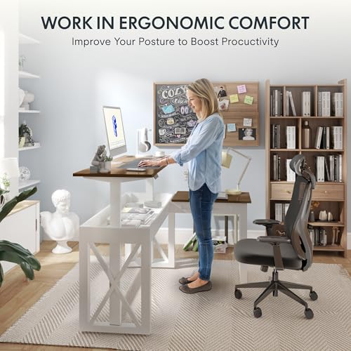 FLEXISPOT L-Shaped Executive Electric Standing Desk, 55"x48" Wood Farmhouse Home Office Height Adjustable Corner Desk with Drawer (3 Packages) FLEXISPOT