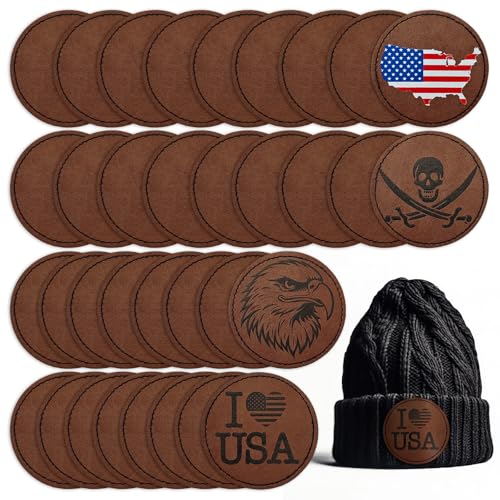Harsgs 34PCS Blank Leatherette Hat Patches, Retangle Laserable Rustic Leatherette Patch with Adhesive for Heat Press/Transfer Iron-on, Round Deep Brown Harsgs