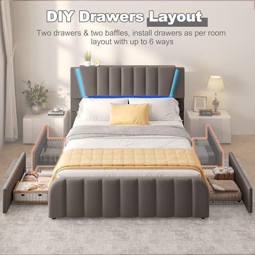 Decofy Queen Size LED Platform Bed Frame with Soft-Glow Mood Lighting & Adjustable Upholstered Headboard, Modern Linen Bed with Storage Drawers, Heavy Duty Metal Support, No Box Spring Needed, Grey Decofy
