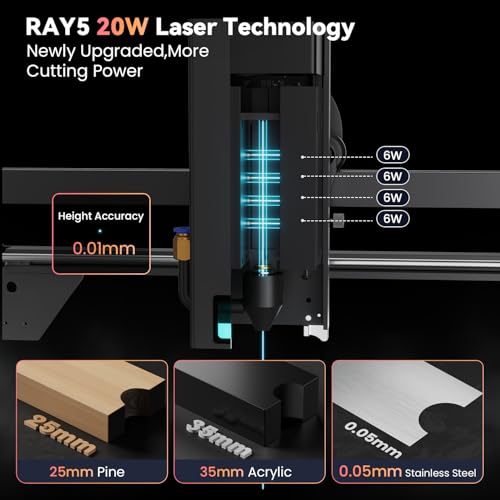 Longer RAY5 20000mW Laser Engraver with Air Assist Kit, 4-in-1 Chuck jaw kit, and 12 Pcs Raiser, CNC, App Offline Control, DIY Engraving Tool for Metal/Glass/Wood, Class 4 Longer