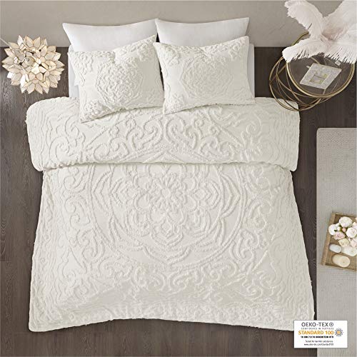 Madison Park Laetitia 100% Cotton Duvet Set-Chenille Tufted Medallion Design All Season Cozy Bedding Shabby Chic Comforter Cover, Matching Shams, Full/Queen (90 in x 90 in), Floral Off White Madison Park
