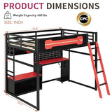 OYUMOENTS Full Size Gaming Loft Bed with Desk and LED Lights, Wood Loft Bed with Storage Shelves & USB Ports, Full Size Loft Beds Frame for Adults Kids Teens, Black+Red OYUMOENTS