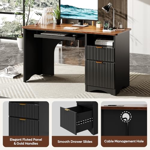 Bestier Computer Desk with Keyboard Tray, 55 inch Office Desk with Power Outlet, Modern Home Office Desk with File Drawer (Walnut with Black, 55" W with Single-Sided Drawers) Bestier