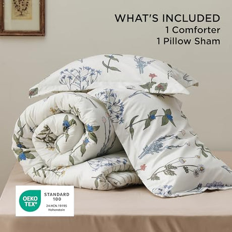 Bedsure Twin/Twin XL Comforter Set - Twin Extra Long Comforter Set, Cute Floral Dorm Bedding, 2 Pieces, 1 Soft Reversible Coconut White Botanical Flowers Comforter and 1 Pillow Sham Bedsure