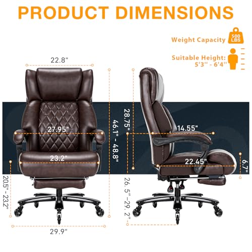 500 LBS Big and Tall Office Chair with Foot Rest High Back Recline Ergonomic Chair for Heavy People, Executive Office Chair Comfortable for Home Office, Large Computer Desk Chair Brown ZSQN