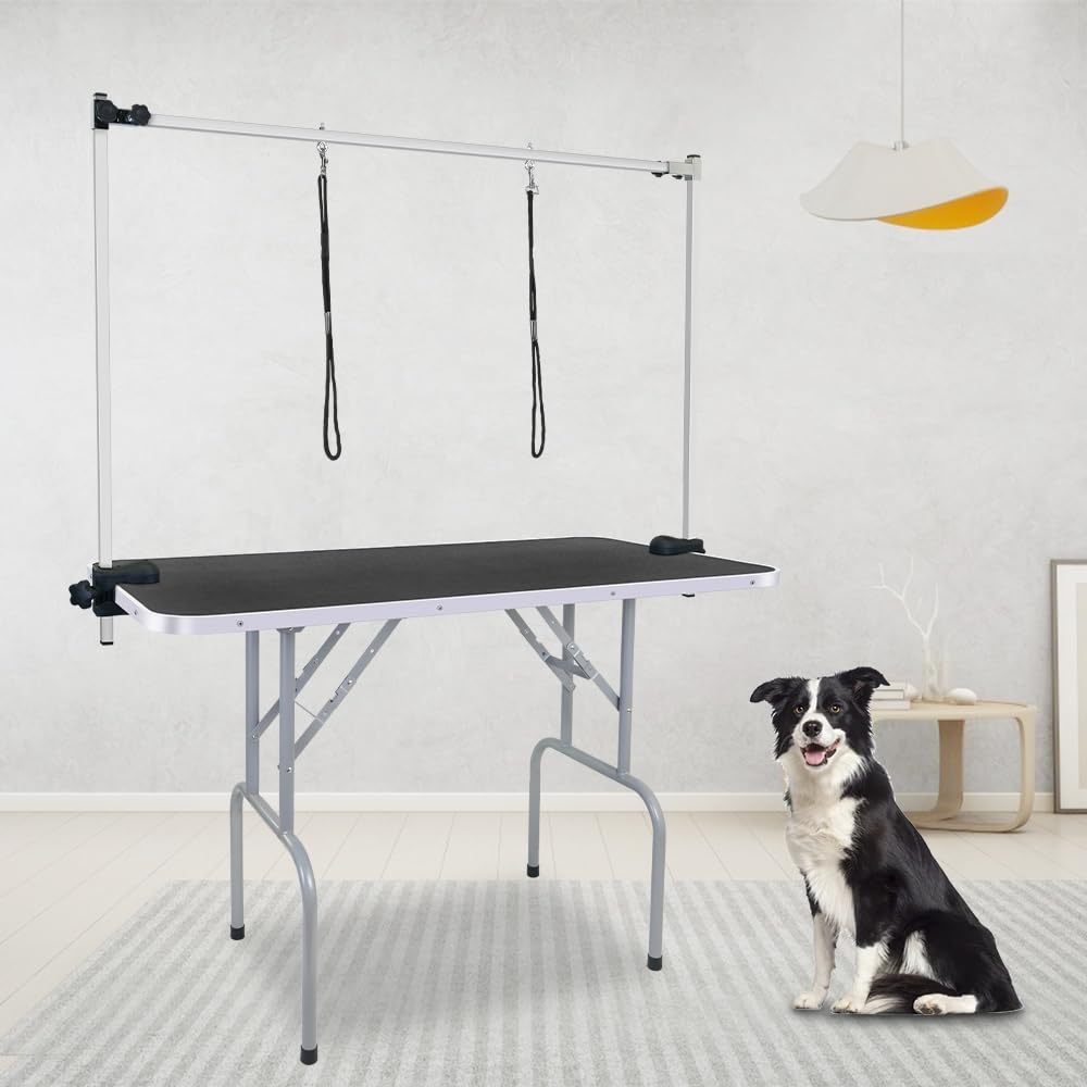 LEIBOU 45'' Professional Foldable Heavy Duty Dog Pet Grooming Table with H-Shape Arm & Noose, Maximum Capacity Up to 260lbs, Black LEIBOU