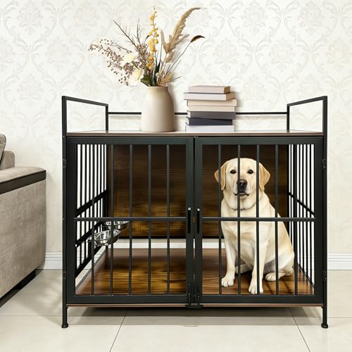 41 Inch Dog Crate Furniture for Large Dogs, Wooden Indoor Dog Cage with Double Doors, Built-in 360° Swivel Bowls, Comfortable Flat Floor, Rustic Style End Table Kennel Zoolati