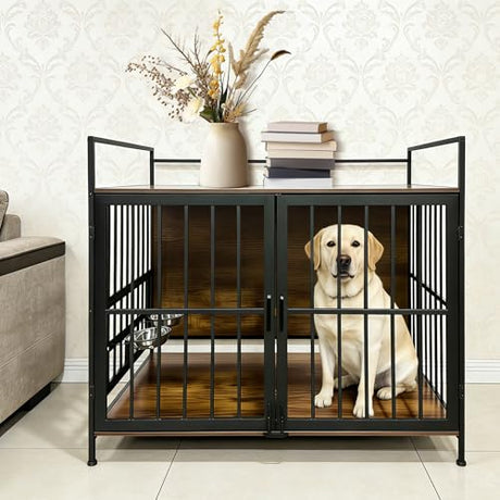 41 Inch Dog Crate Furniture for Large Dogs, Wooden Indoor Dog Cage with Double Doors, Built-in 360° Swivel Bowls, Comfortable Flat Floor, Rustic Style End Table Kennel Zoolati