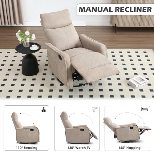 Trustyue Swivel Rocker Recliner Chair, 360° Swivel Recliner with Heat and Massage, Rocker Recliner Nursery Glider Chair with Side Pockets for Living Room (Khaki, Fabric)