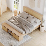 GarveeHome Natural Rattan King Size Bed Frame with Sliding Barn Door Storage Cabinets and Headboard, Boho Farmhouse Wood Platform Bed with Solid Wood Legs Support, No Box Spring Needed GarveeHome