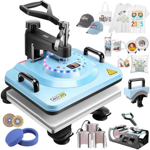 AKEYDIY 8 in 1 Heat Press with Tumbler Attachment 12 x 15 Inch Press W/Light Up PrimePress Sublimation Heat Press Machine Multifunction Swing Away Shirt Printing Heat Press for T-Shirts Cap & Mugs AKEYDIY