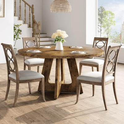 GarveeHome 47-Inch Round Large Dining Table, Wooden Kitchen Table Set for 4 to 6, Farmhouse Dinner Table with Wooden Top and Legs for Home Dining Room or Living Room - Rustic Brown(Only Table)