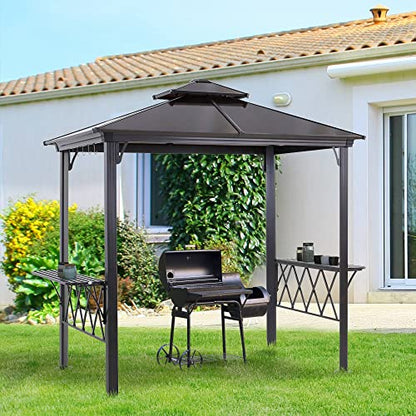 Outsunny 9' x 5' Grill Gazebo, Hardtop BBQ Gazebo Canopy with 2-Tier Polycarbonate Roof, Shelves Serving Tables and Hooks, for Backyard Patio Lawn - WoodArtSupply