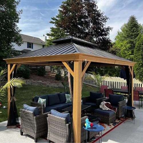 12' x 14' Hardtop Gazebo, Domi Wood Looking Aluminum Gazebo with Galvanized Steel Double Roof, Permanent Metal Gazebo with Curtains and Netting for Patio Lawn and Garden