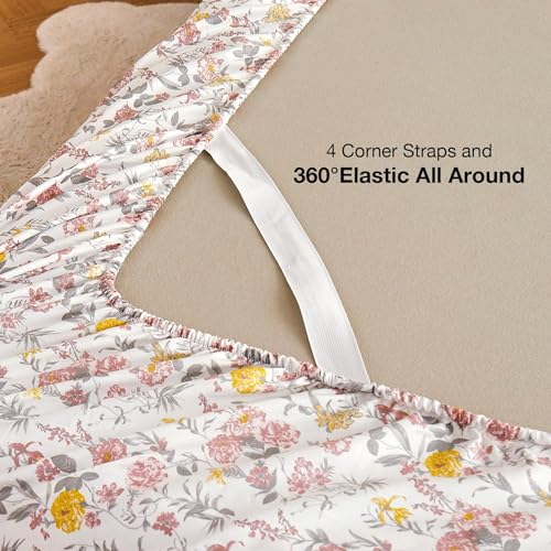 Viviland Floral King Sheet Set - 4 Piece Vintage Pink & Yellow Flower Patterned Bed Sheets - Soft, Breathable Microfiber Sheets with Deep Pocket, Non-Slip Fitted Sheets & Pillowcases Viviland
