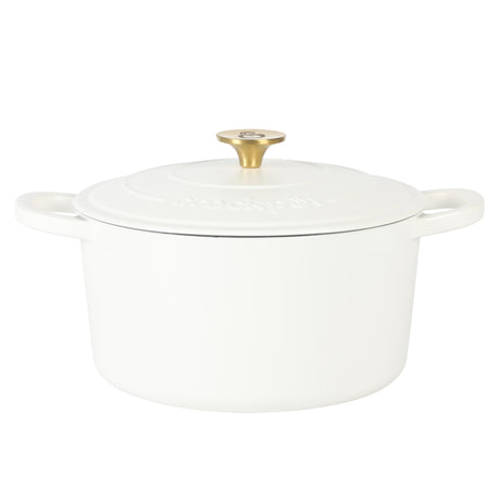 Crock Pot Artisan 6-Quart Round European Enameled Dutch Oven Pot With Lid - Matte Linen White w/Gold Knob Crock-Pot
