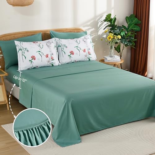 Drucon Comforter Set King Size, 7 Pieces White Green Floral Botanical Comforter Sets, Reversible Bed in a Bag Soft Lightweight Microfiber Bedding Sets for All Seasons (90"x104") Drucon