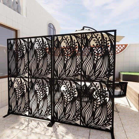 Fulocseny Metal Privacy Screens 72" H Outdoor Privacy Screens Panels Outdoor and Indoor Leaf Pattern Divider with Freestanding Decorative for Balcony Patio Garden Room Divider, Black Fulocseny