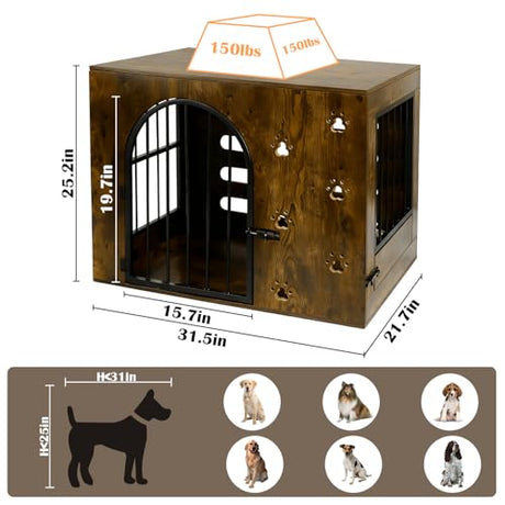 Coolsheepsia Dog Crate Furniture for Small Medium Dogs, Heavy Duty Wood Metal Indoor Dog Kennel with Bowls, Decorative Pet Cage Dog House as TV Stand, Brown Coolsheepsia