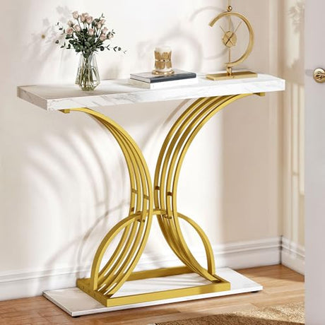 YITAHOME Gold Console Table, Modern Hallway Table for Entryway, 40 inch Entryway Tables Narrow Sofa Table for Living Room, Hallway, Faux Marble White YITAHOME