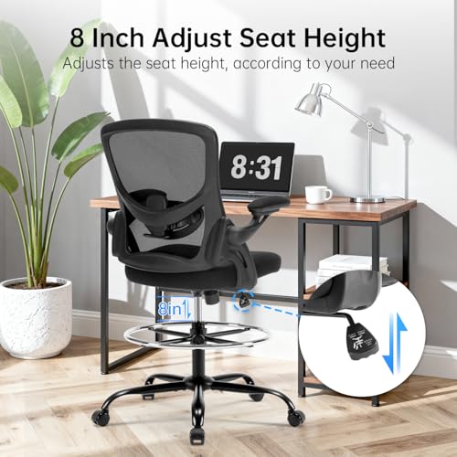 Heromate Drafting Chair Ergonomic Comuputer Standing Desk Chair with Flip-Up Arms and Lumbar Support, Tall Office Chair with Adjustable Footrest, Stool Counter Height Office Chairs Black Heromate