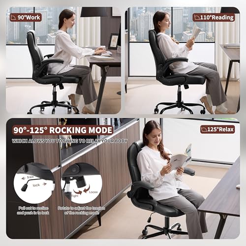 Nexthro Executive Office Chair PU,Leather Office Chair with Wheels,360° Swivel Rolling Chair with Padded Arms,Ergonomic Computer Chair with Lumbar Support for Short People Use(Black) Nexthro