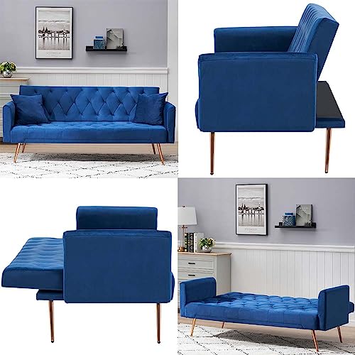Majnesvon 71" Convertible Folding Sleeper Sofa Couch,Modern Velvet Loveseat Sleeper with 2 Pillows, Futon Sofa Bed with Mattress and Frame for Living Room,Bedroom,Small Space (Blue) Majnesvon